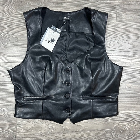 7 For All Mankind Black Faux Leather Vest with Button Front New with Tags - Picture 1 of 5